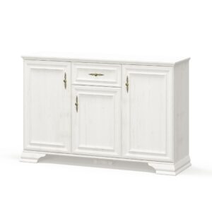 White painted sideboard with ornate raised panels three doors and two central drawers brass handles Globalmtc