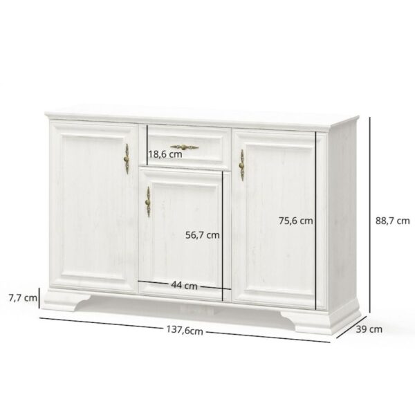 White classical sideboard with three doors and a small central drawer overall dimensions 137 6 cm wide 88 7 cm tall 39 cm deep Globalmtc