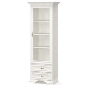 White tall display cabinet with glass door four interior shelves and two bottom drawers with brass handles Globalmtc