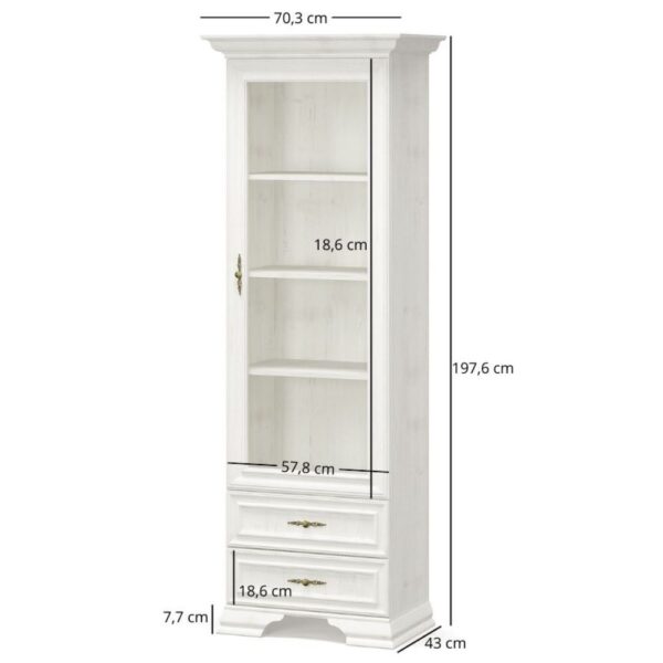 Witrynajednodrzwiowaz2szufladamiiryssosnaan1 globalmtc Tall white display cabinet with glass door 4 shelves and two drawers 197 6 cm tall 70 3 cm wide decorative base Globalmtc