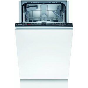 Open bosch dishwasher showing top rack and chrome interior control panel visible on the front edge  globalmtc