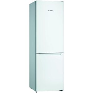White bosch refrigerator with a top fridge compartment and a bottom freezer drawer freestanding unit Globalmtc