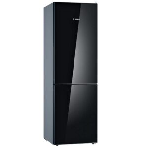 Tall black bosch refrigerator with glossy doors and a bottom freezer in a sleek modern design  globalmtc