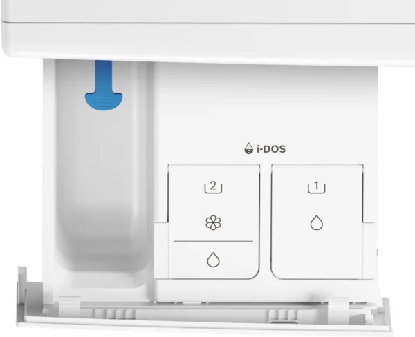 Close up of a white washing machine detergent drawer with a blue tab and labeled compartments i dos branding Globalmtc