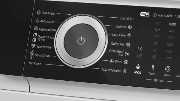Close up of a washing machine control panel with a large circular dial visible cycle options include cotton easy care delicates wool and sportswear plus icons and indicators on a black background Globalmtc