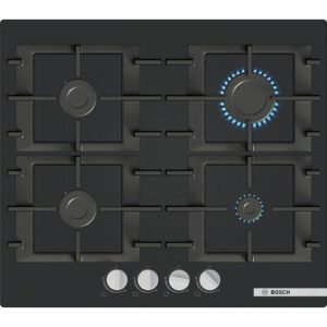 Boschpnp6b6k4000041jpg globalmtc Black bosch gas cooktop with four burners and cast iron grates two burners lit with blue flames and control knobs along the front with the bosch logo globalmtc