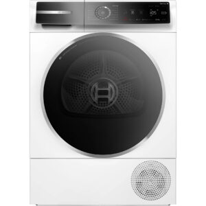 Front-loading washing machine with a large circular black door and a slim control panel on top.