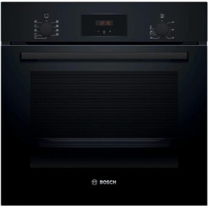 Bosch black built-in oven front with central digital clock display, left and right control dials, and a large handle.