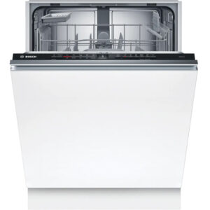 White bosch dishwasher with door open showing upper and lower racks inside kitchen appliance Globalmtc