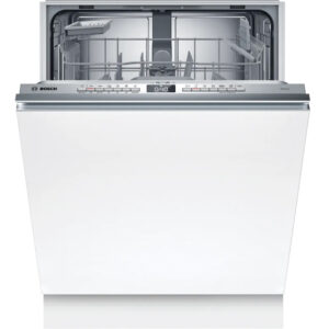Bosch dishwasher with door open revealing upper and lower racks and a control panel along the front edge Globalmtc