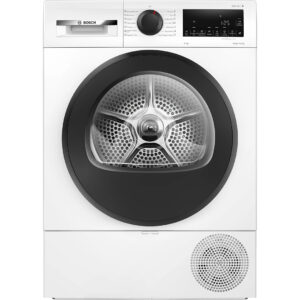 White Bosch front-loading laundry appliance (washer) with a large dark drum door and a control panel on the top, as part of a stackable washer-dryer unit.