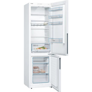 Friziderboschkgv39vweajpg globalmtc White bosch refrigerator with top fridge and bottom freezer doors open to reveal shelves drawers and a vitafresh crisper in the lower section globalmtc