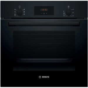 Black Bosch electric oven with a digital display and control knobs on a sleek front panel