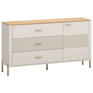White dresser with a natural wood top gold handles and slim gold legs featuring two column drawersdoors for storage Globalmtc