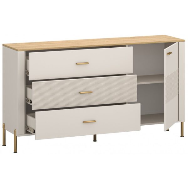 Msbp162kom1d3s205011rubenkomod1d3s02800x8001 globalmtc Modern white sideboard with three open drawers and a cabinet door wooden top gold handles and slim gold legs showing storage space Globalmtc