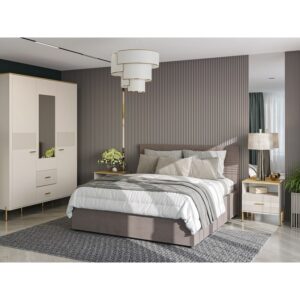 Modern bedroom with upholstered bed matching nightstands and a tall white wardrobe against a ribbed accent wall Globalmtc