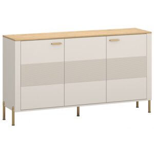 White three door sideboard with a light wood top and gold legs featuring ribbed panels on the lower doors  globalmtc