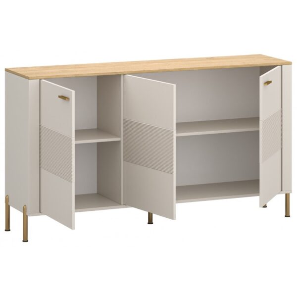 White storage cabinet with a wood top and slim gold legs several doors are opened to reveal multiple interior shelves for organization Globalmtc