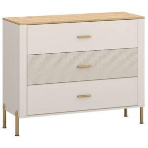 Msbp162kom3s205010rubenkomod3s01800x8001 globalmtc Cream colored three drawer dresser with a natural wood top gold handles and legs middle drawer features a ribbed texture Globalmtc