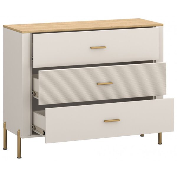 Msbp162kom3s205011rubenkomod3s02800x8001 globalmtc White modern three drawer dresser with a natural wood top and gold handles on gold legs Globalmtc