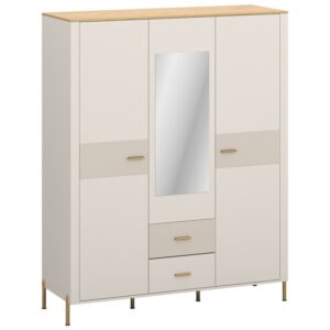 Beige wardrobe with a central mirrored door two side doors and three drawers wooden top and gold handles Globalmtc