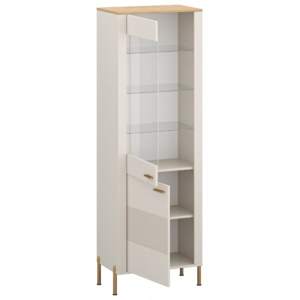 Msbp162wit1d1w205011rubenvitrina1d1w02800x8001 globalmtc Tall white storage cabinet with glass display shelves and lower storage doors on brass legs topped with a light wood countertop Globalmtc
