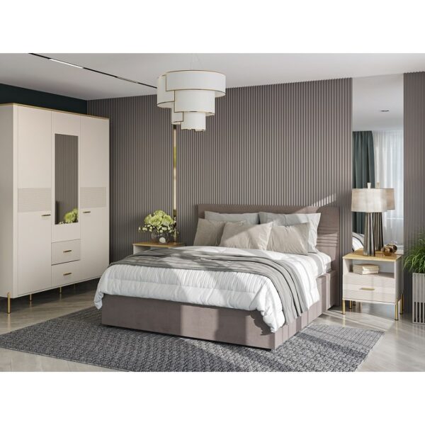 Msbp162wit1d1w205013ruben8006002800x8001 globalmtc Modern bedroom with an upholstered bed matching nightstands a tall wardrobe and a textured vertical wall Globalmtc