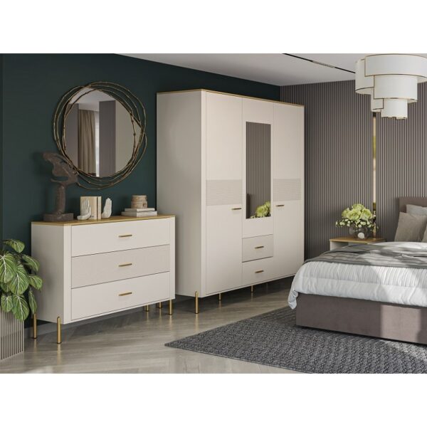 Msbp162wit1d1w205014ruben8006003800x8001 globalmtc Modern bedroom with white and gold furniture dresser matching wardrobe and a chest with gold legs against a dark green wall plus a bed and plants Globalmtc