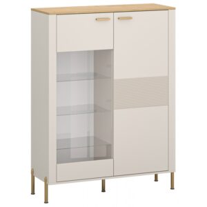 White storage cabinet with glass front left door revealing shelves and a solid right door gold metal legs and a wood toned top Globalmtc