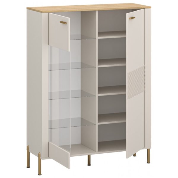 Cream cabinet with wood top and brass legs featuring glass door on the left and open shelves in the middle with a right side door partially open Globalmtc