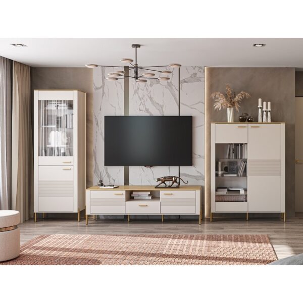 Elegant modern living room with a wall mounted tv centered on a marble backdrop flanked by white and gold storage cabinets Globalmtc