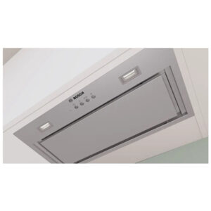 Bosch ceiling mounted kitchen range hood with control panel and two led lights on either side of the unit Globalmtc