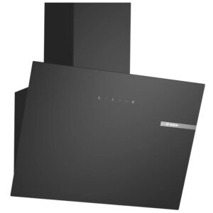 Black angled wall-mounted range hood with Bosch branding and touch controls for kitchen ventilation.