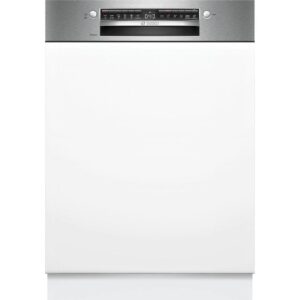 Bosch built in dishwasher with a stainless steel control panel at the top and a large white door Globalmtc