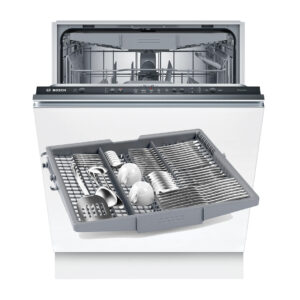 Open front dishwasher with loaded lower and upper racks filled with plates bowls and utensils Globalmtc