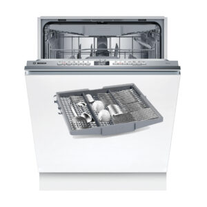 Open dishwasher with racks filled with plates bowls and utensils inside a clean stainless interior bosch Globalmtc