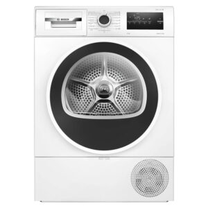 Front-loading washer-dryer with a large circular door and Bosch control panel on top.