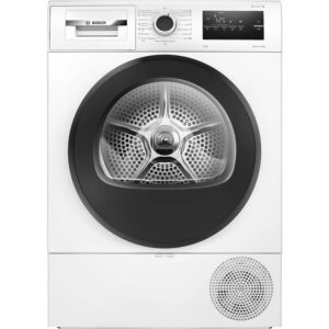 Bosch front-loading washing machine with a large circular door, top control panel, and a bottom vented dryer section.