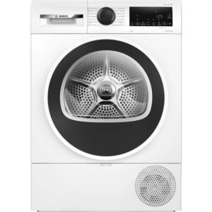 Bosch white front-loading tumble dryer with a large circular door and control panel on top left.