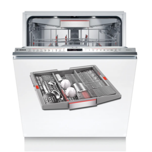 Open bosch dishwasher with top and bottom racks pulled out bottom rack filled with dishes and utensils ready for loading Globalmtc