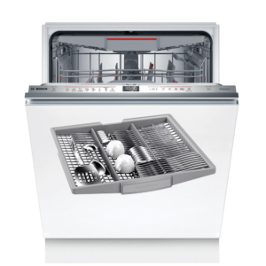 Open bosch dishwasher with lower rack pulled out loaded with plates and cutlery from front view Globalmtc