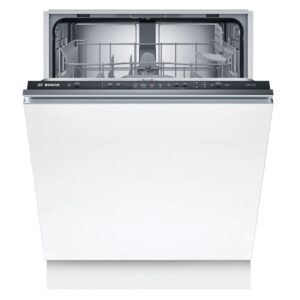 Front view of a white bosch dishwasher with the door open showing the interior racks  globalmtc