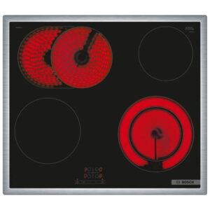 Ugradbenaplocaboschpkn645ba2ejpg globalmtc Glass ceramic electric cooktop with four cooking zones two left zones glowing red and one bottom right zone glowing intensely bosch logo visible globalmtc