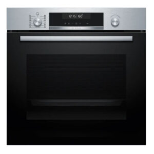 Built-in stainless steel oven with a digital control panel above a black oven door and a long handle