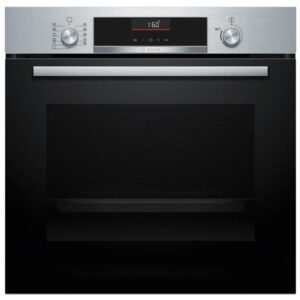 Stainless steel built-in oven with a digital display and two control knobs above a black oven door.