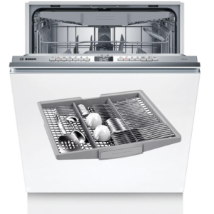 Open dishwasher with the lower rack pulled out showing cutlery and bowls ready to load or unload Globalmtc