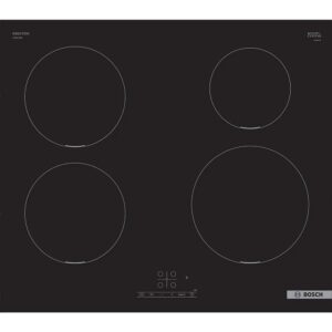 Bosch black induction cooktop with four circular cooking zones outlined in gray and a center control panel at the bottom right corner Globalmtc
