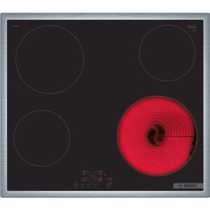Bosch induction cooktop with four zones front right burner glowing red and in use Globalmtc