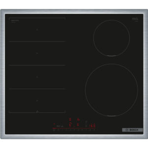 Black glass induction cooktop with two circular burners on the right and touch controls along the bottom framed by a brushed metal border bosch Globalmtc