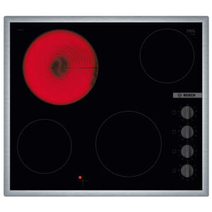 Ugradbenaplocaboschpke645ca2ejpg globalmtc Bosch glass ceramic electric cooktop with four burners the top left burner is glowing red to indicate heat with control knobs on the right side Globalmtc